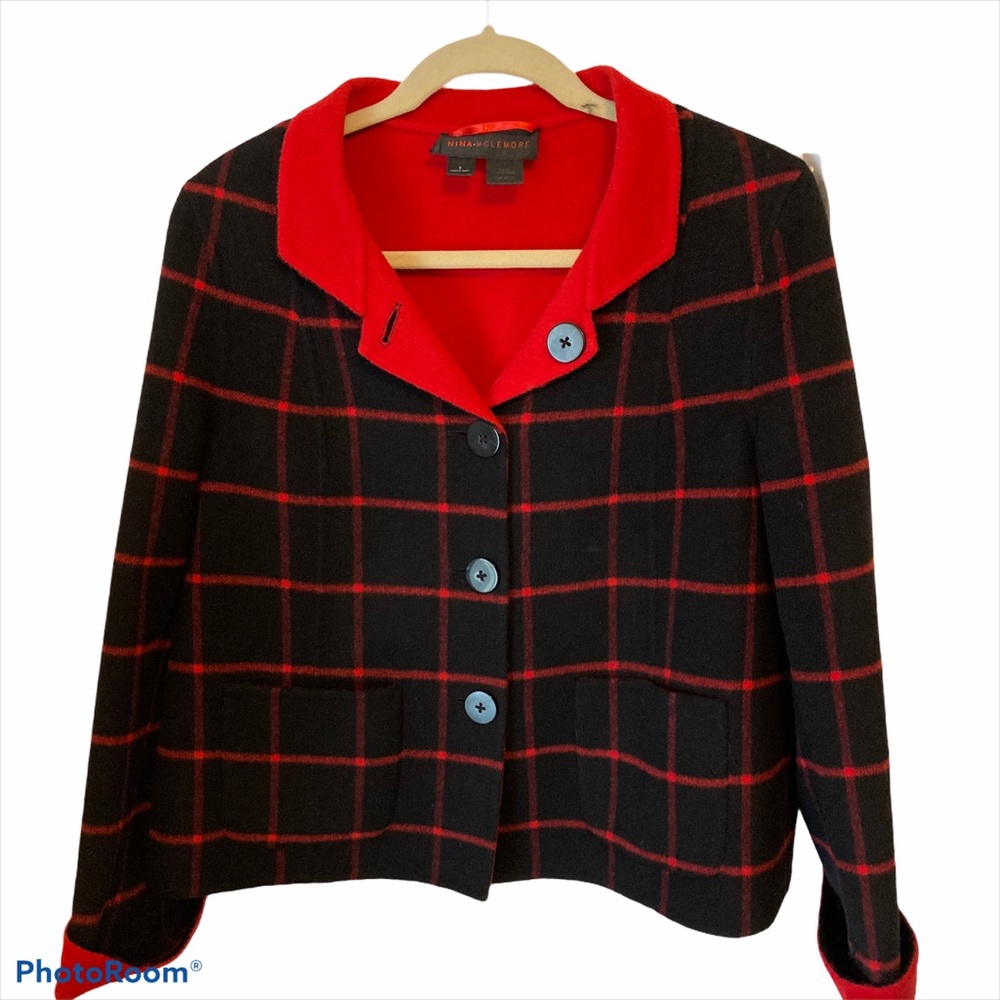 Nina Mclemore Wool Jacket Blazer Red Black 8